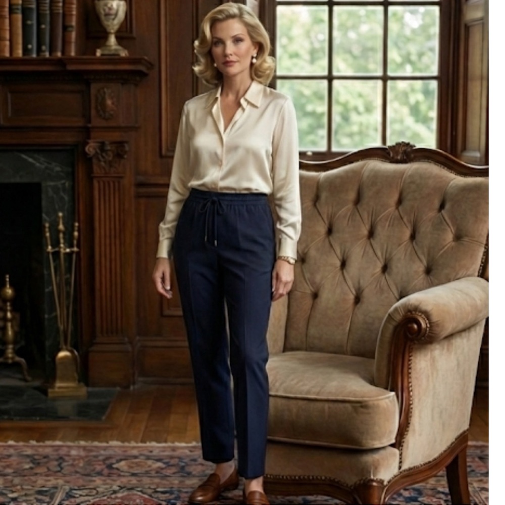 Tahari Navy Elastic Drawstring Waist Carrot Fit Women's Trousers Size M